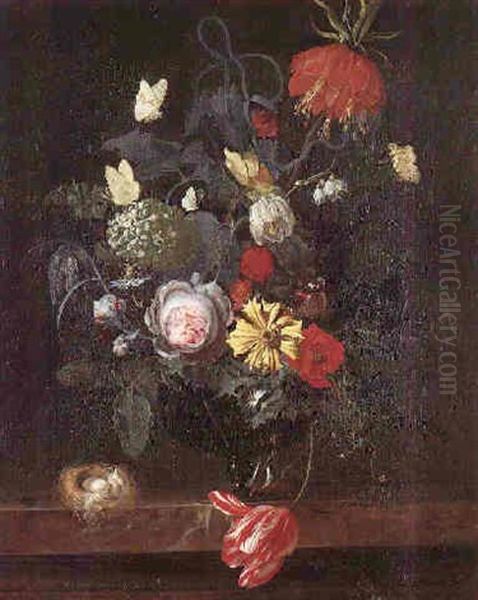 A Still Life Of Flowers In A Bowl With Butterflies And Bird's Nest - view 1