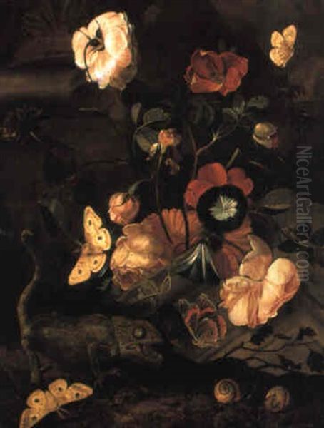 Roses And Other Flowers By An Architectural Fragment With Insects - view 1