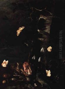 Nocturnal Still Life With Cyclamen, Mushrooms, A Tree Trunk With Insects