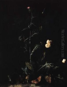 Nocturnal Landscape With A Thistle, Mushrooms, Moths And A Frog by Otto Marseus van Schrieck