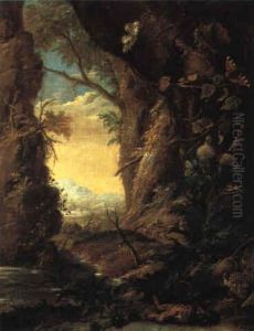 Felsiges Bachufer Mit Schmetterlingen by Otto Marseus van Schrieck