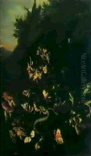 Natura Morta Con Funghi, Fiori E Animali In Un Paesaggio - view 1
