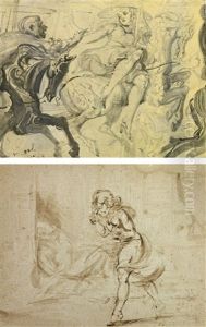 Girl On Merry-go-round And Walking Girl With Sleeping Tramp In A Doorway (2 Works) by Reginald Marsh