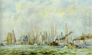 Tugs And The New York Skyline by Reginald Marsh
