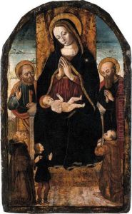 Madonna Con Bambino Ed I Santi Pietro E Paolo Con Un Donatore E Duefrati Francescani by Bernardino Di Lorenzo Di Cecco