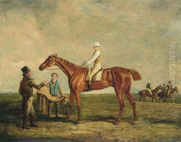 Sir Joshua, A Chestnut Racehorse With Jockey Up, In A Landscape, With Trainer And Groom - view 1