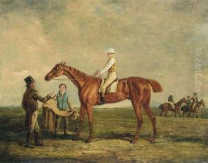 Sir Joshua, A Chestnut Racehorse With Jockey Up, In A Landscape, With Trainer And Groom by Benjamin Marshall