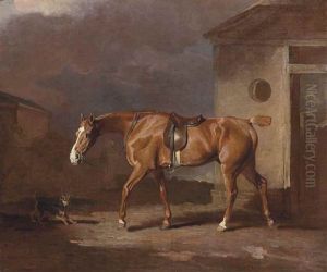 A Chestnut Hunter With A Terrier In A Courtyard, By A Stable