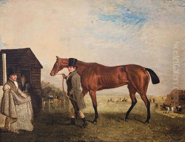 "pastime," A Bay Filly, Led By One Of Her Trainers, With A Groom In Attendance - view 1