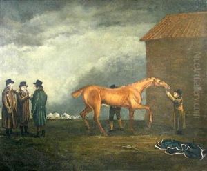 Rubbing Down The Chestnut Stallion, "muley Moloch," With The Punters Messrs Trotter, Hardy, And Simpson Watching On by Benjamin Marshall