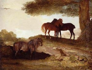 Ponies - A Shetland Pony, And Two Welsh Ponies Beneath A Tree, In A Landscape by Benjamin Marshall