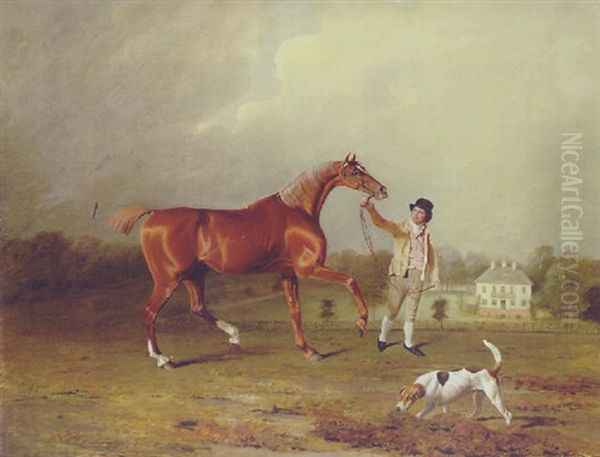 Charles Arnott's Chestnut Hunter Held By A Groom In An Extensive Landscape, With Rushington Manor Beyond - view 1