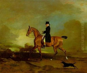A Gentleman (francis Const?) On A Bay Hunter With Two Terriers In A Landscape