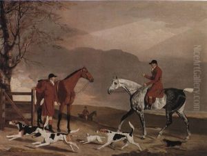 Tom Oldaker, On A Grey Hunter With Huntsmen And Hounds In A Landscape by Benjamin Marshall
