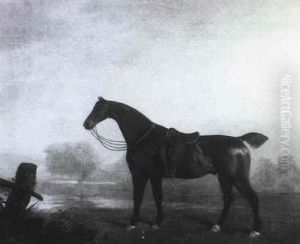 A Saddled Dark Bay Hunter In A River Landscape by Benjamin Marshall