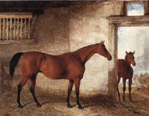 A Bay Mare With Her Foal In A Stable by Benjamin Marshall