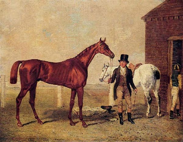 Mr. M. Stanley's "crutch" With Jockey And Groom By A Rubbing Down House - view 1