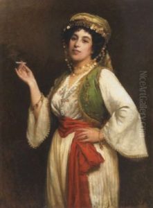 A Portrait Of A Woman In Oriental Dress Holding A Cigarette