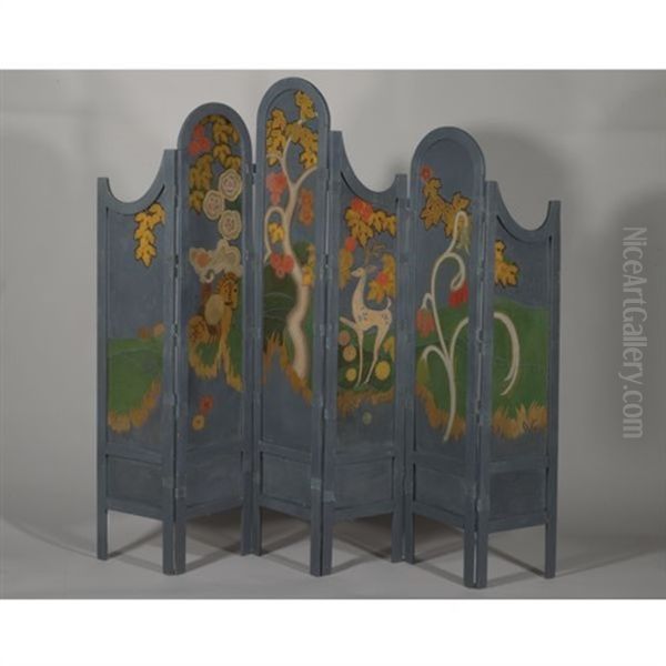 Folding Screen With Six Panels Depicting Knight On Horseback, Gazelle, And Large Flowering Tree In A Rolling Landscape - view 1