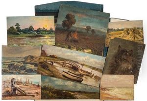 A Folio Group Of 15 Small Paintings Including A Barley Field; Study Of A Cat; Wolton Heath; Stew Pond; Walberswick; Burning Couch