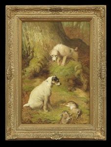 Woodland Interior With Terriers Hunting Hare by John Fitz Marshall