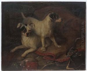 On Guard Two Terriers Guarding A Horse Blanket, Spur And Hunting Whip From Two Cats With Rose Stem And Petals On Floor, Within A Stable by John Fitz Marshall