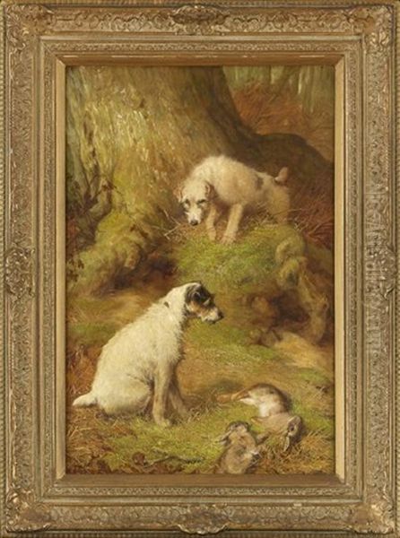 Woodland Interior With Terriers Hunting Hare - view 1