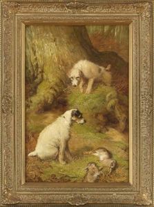 Woodland Interior With Terriers Hunting Hare by John Fitz Marshall