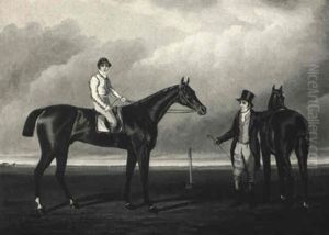 A Racehorse With Jockey Up And His Trainer On A Racecourse by Lambert Marshall