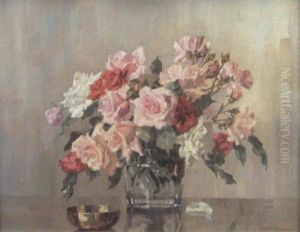 Still Life With A Vase Of Roses And A Bowl On A Table by Freda, Nee Clulow Marston
