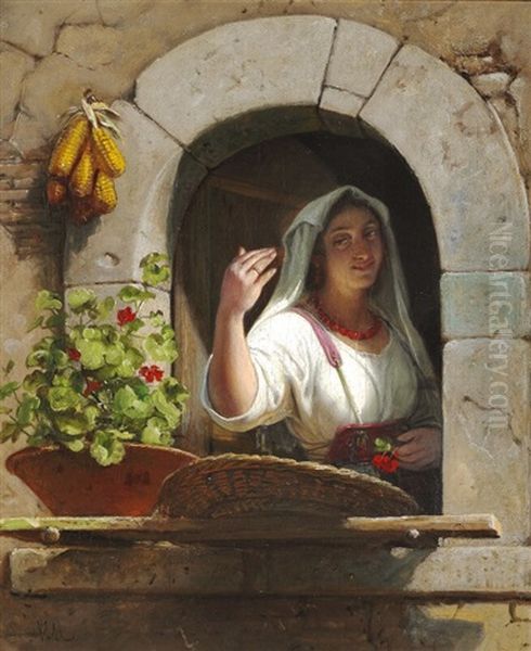 A Young Italian Woman Greets Someone From A Window - view 1