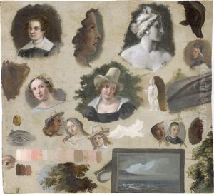 Studienblatt Mit Olskizzen Verschiedener Kopfe, Augen, Farbproben Und Blattwerk by Wilhelm Nicolai Marstrand