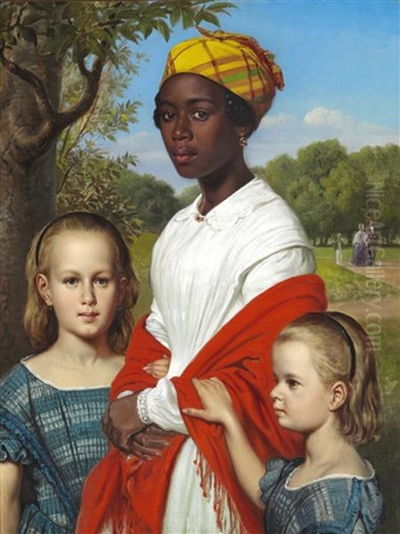 Portrait Of Otto Marstrand's Two Daughters And Their Nanny - view 1