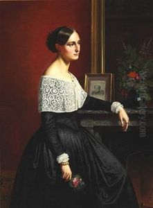 Interior With Signe Puggaard In An Elegant Black Dress Standing Next To A Console With A Bouquet Of Summer Flowers