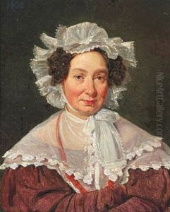 The Painter's Mother Petra Marstrand, Nee Smith, In A Burgundy Dress And A White Bonnet by Wilhelm Nicolai Marstrand