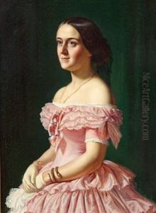 Portrait Of Jeanina Baroness Stampe In A Pink Evening Dress And A Snake Bracelet
