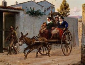 Italian Village Scene With A Mother, A Sleeping Child And A Young Woman On A Donkey Cart