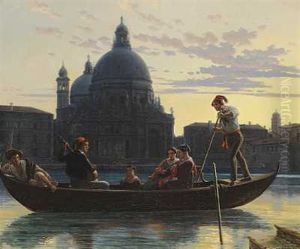 Faergescene Paa Canale Grande I Venedig, I Baggrunden Kirken St. Maria Della Salute. Aften by Wilhelm Nicolai Marstrand