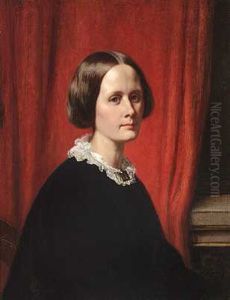Portraet Af Anni Dorothea Marstrand F. Nissen I Sort Kjole Med Hvid Krave Og Broche, Siddende Foran Et Morkerodt Gardin by Wilhelm Nicolai Marstrand