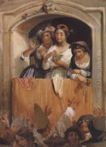 Fra Det Romerske Karneval. Unge Piger I Et Vindue Betragter Karnevalsscenieriet Pa Garden by Wilhelm Nicolai Marstrand