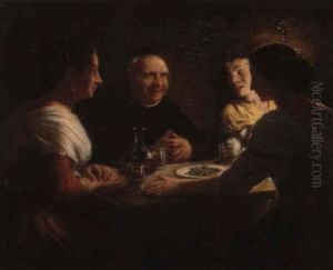 Munk Der Underholder To Unge Piger Og Deres Mor by Wilhelm Nicolai Marstrand