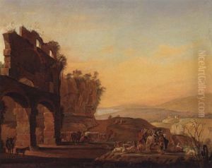 Parti Fra Den Romerske Campagne, Hyrder Holder Hvil Med Deres Kvaeg Ved En Romersk Ruin by Ditlev (Hans D. Christian) Martens