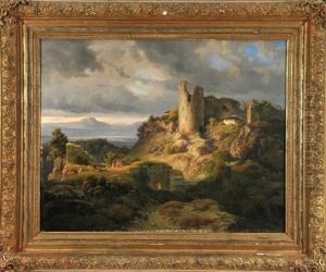 Romantische Landschaft Mit Spielenden Geisen Vor Einer Ruine Mit Blick Auf Eine Seelandschaft Im Abendlicht