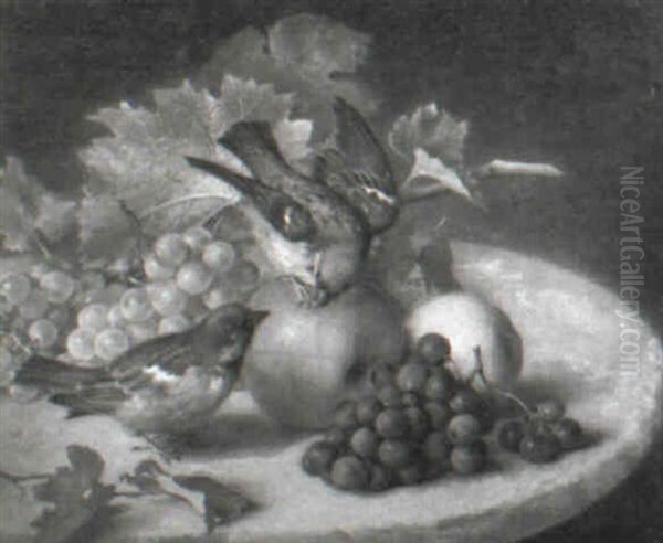 Stilleben Mit Weintrauben, Apfel Und Zwei Spatzen - view 1