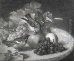 Stilleben Mit Weintrauben, Apfel Und Zwei Spatzen