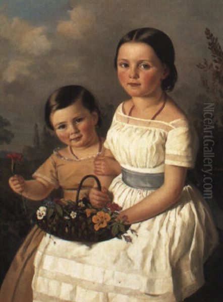 Portrait Of Two Sisters With Basket Of Flowers - view 1