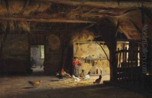 A Barn Interior With A Little Girl Feeding The Chickens by Willem Johannes Martens