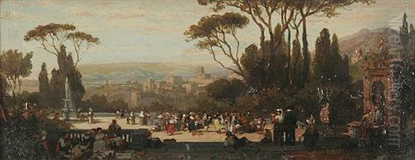 Fete A Tivoli - Tanzende Und Lagernde Landleute Auf Einer Anhohe, Im Hintergrund Die Stadt Und Der Sibyllentempel - view 1