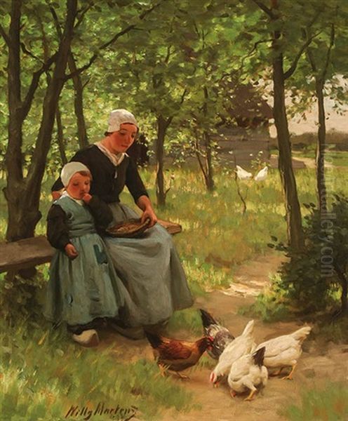 Mother And Child Feeding Chickens - view 1