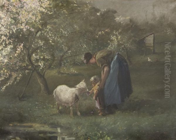 Mother And Child Feeding A Lamb - view 1